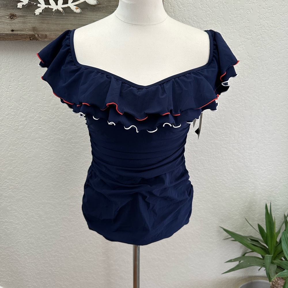 Gottex Navy Ruffled Off-Shoulder Tankini swim top size 12 NWT